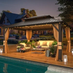 Heavy-Duty Aluminum Gazebo with Galvanized Steel Double Roof, Hardtop Outdoor Canopy with Curtain