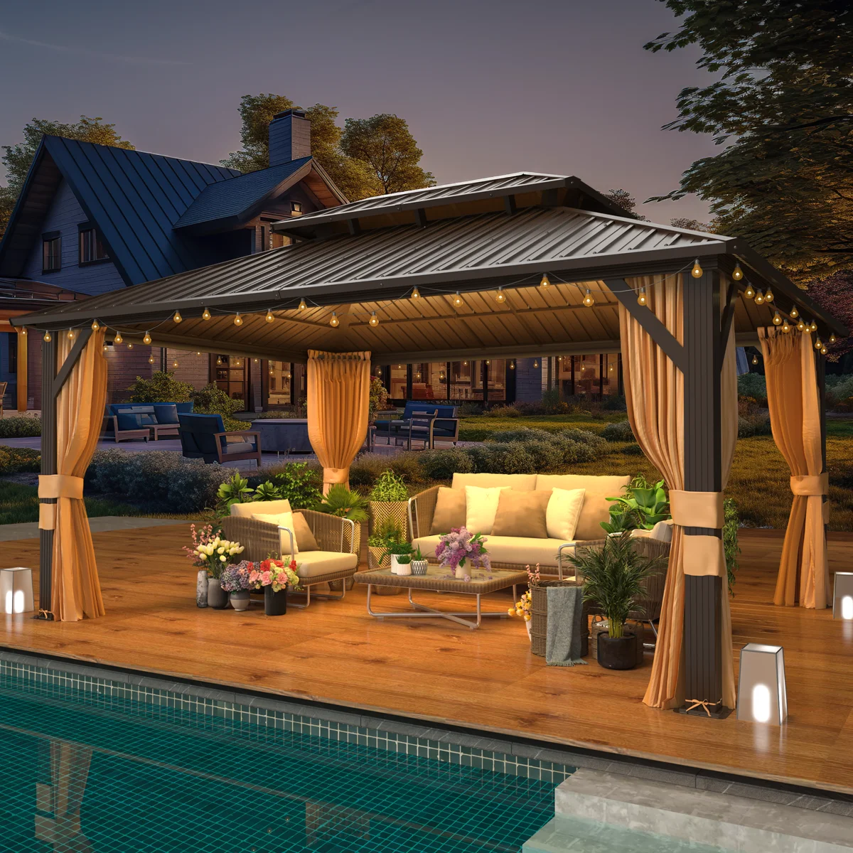 Heavy-Duty Aluminum Gazebo with Galvanized Steel Double Roof, Hardtop Outdoor Canopy with Curtain