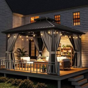 10'x15' Steel Hardtop Gazebo with Double Roof - Weatherproof Aluminum Frame & Netting for Patio, Backyard